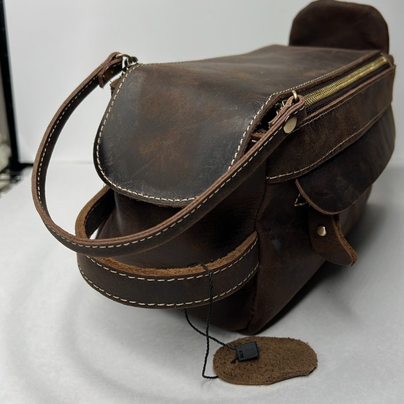 Brown Heavy Duty Leather Double Zipper Dopp Toiletrie Bag - New - Picture 4 of 9
